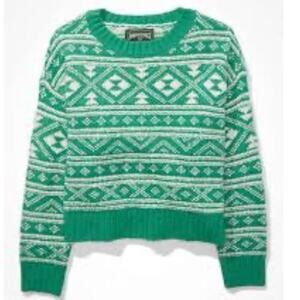 American Eagle AE Fair Isle Snowdrift Crewneck Sweater Green White Size Medium M